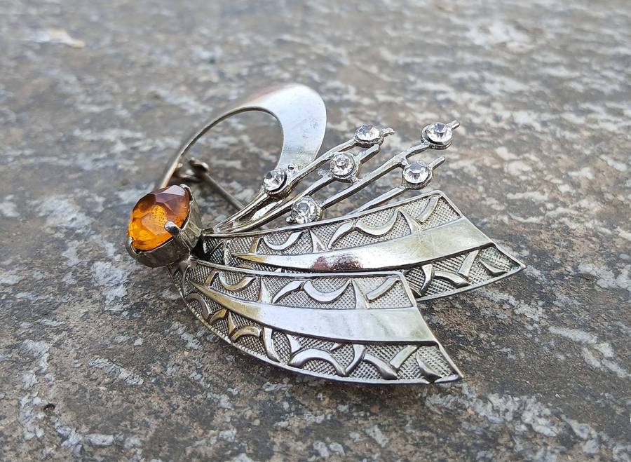 Vintage Art Deco Style Brooch Pin | Silver-Tone with Amber & Clear Rhinestones