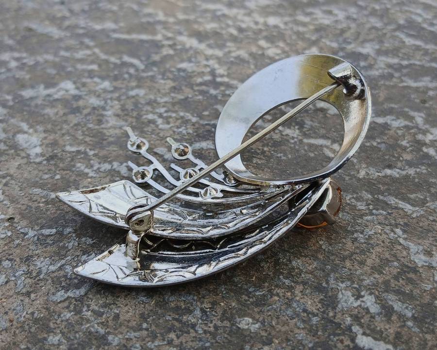 Vintage Art Deco Style Brooch Pin | Silver-Tone with Amber & Clear Rhinestones
