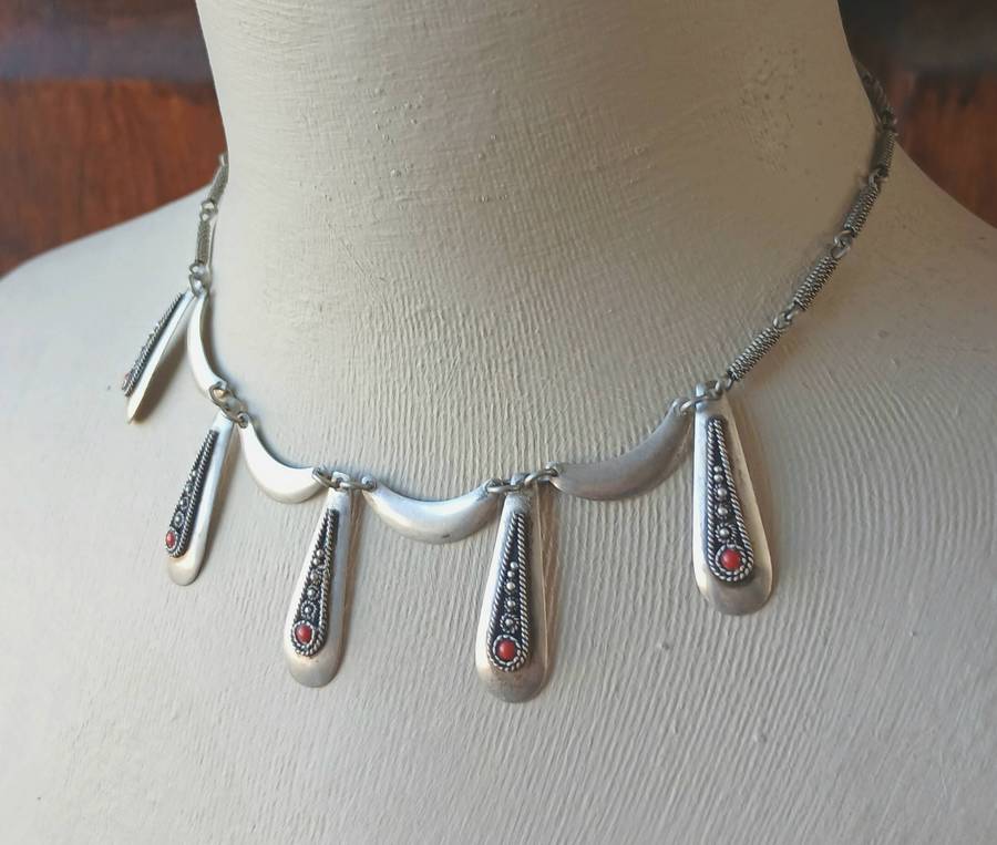 Vintage Israeli Sterling Silver Necklace | Carnelian Bib Design