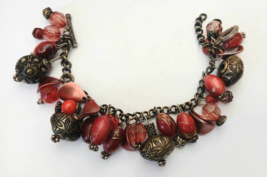 Vintage Red & Antiqued Brass Chunky Bracelet | Beaded Statement Charm Design