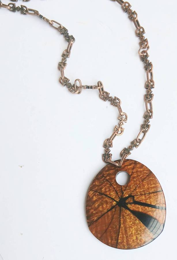 Vintage Victorian Revival Necklace | Faux Tortoiseshell Pendant on Rose Gold Tone Fancy Link Chain