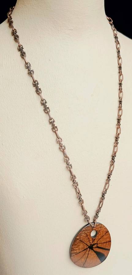 Vintage Victorian Revival Necklace | Faux Tortoiseshell Pendant on Rose Gold Tone Fancy Link Chain