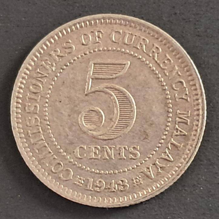 1943 MALAYA COMMISSIONERS OF CURRENCY 5 CENTS