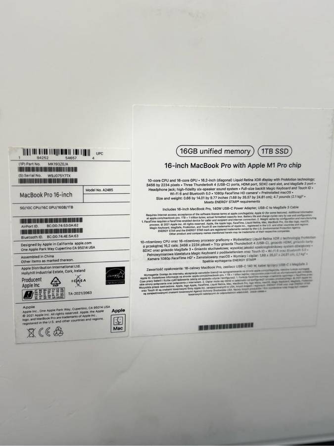 16-inch MacBook Pro M1 Pro Chip 16gb memory 1TB SSD