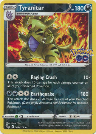 Pokemon Trading Card Game - Tyranitar - 043/078 - Holo Rare Reverse Holo Pokemon Go