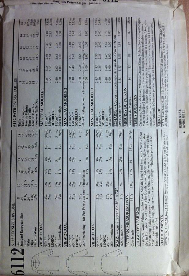 New Look 6112 Coat in 3 Styles. Size 8-18. Complete Uncut F/F