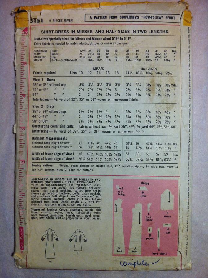 5151 Simplicity Shirt Dress. Size 16. Complete