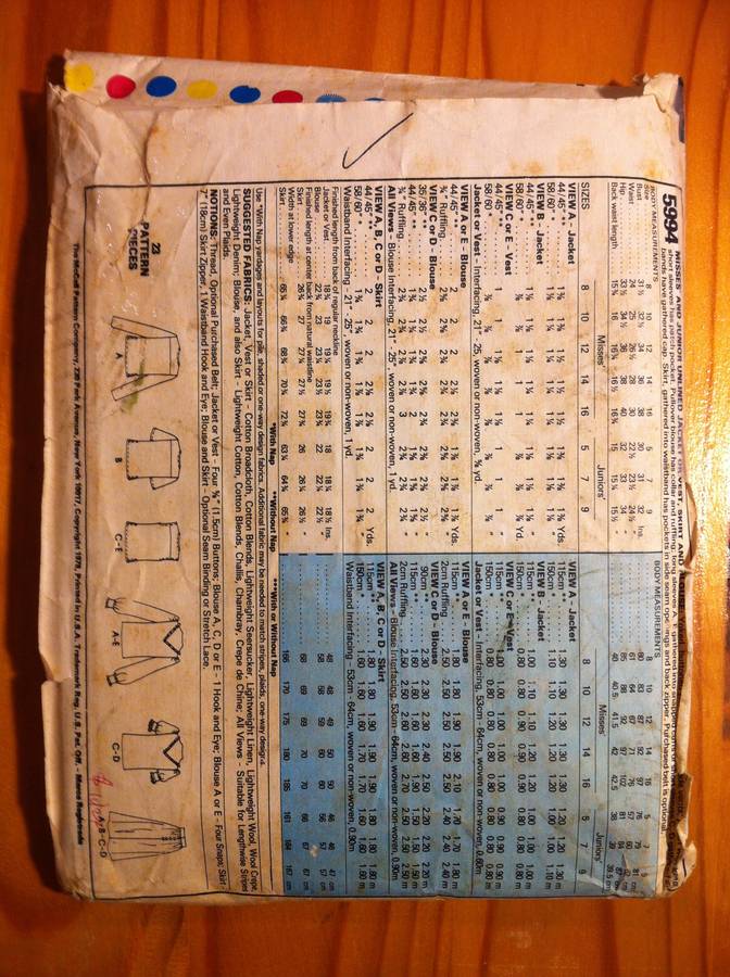 McCalls 5994 Unlined Jacket or Vest, Skirt & Blouse. Size 10. Complete