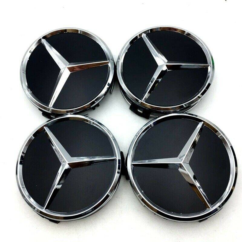 4x 75mm Wheel Centre Cap for Mercedes Benz (Chrome on GLOSSY Black)