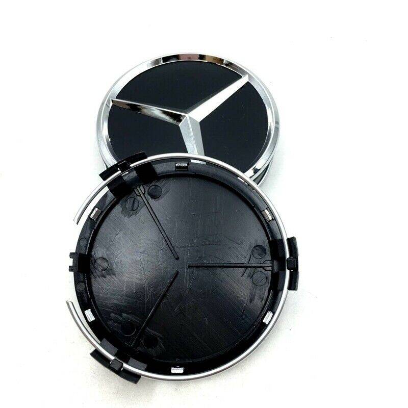 4x 75mm Wheel Centre Cap for Mercedes Benz (Chrome on GLOSSY Black)