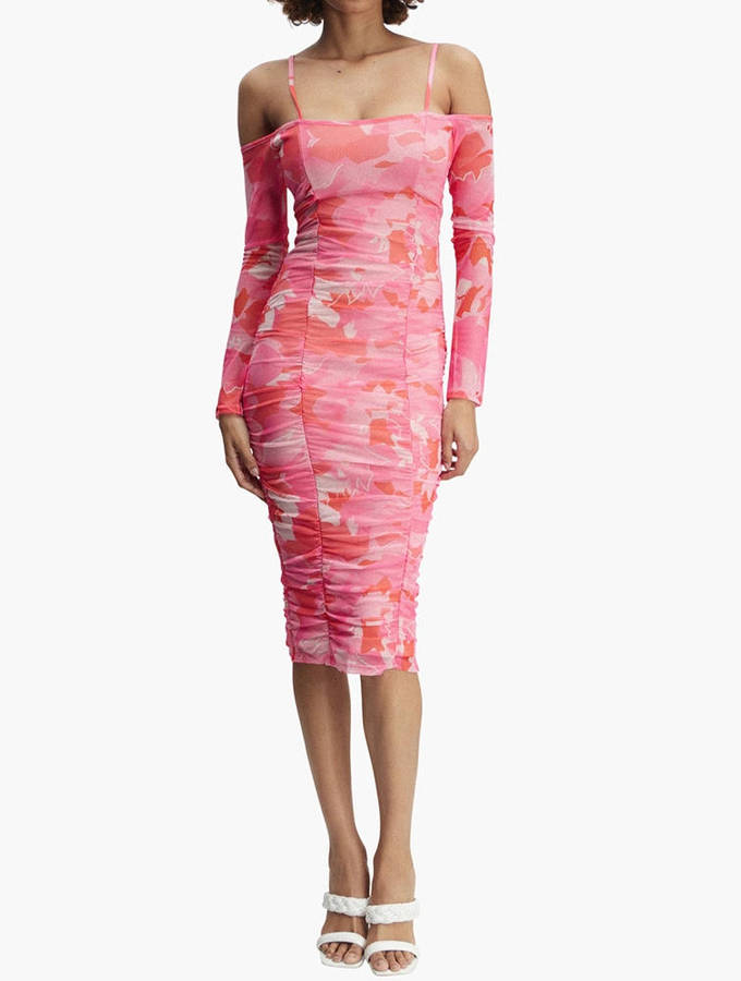 AsYou Pink Mesh Midi Dress Ruched Size Small
