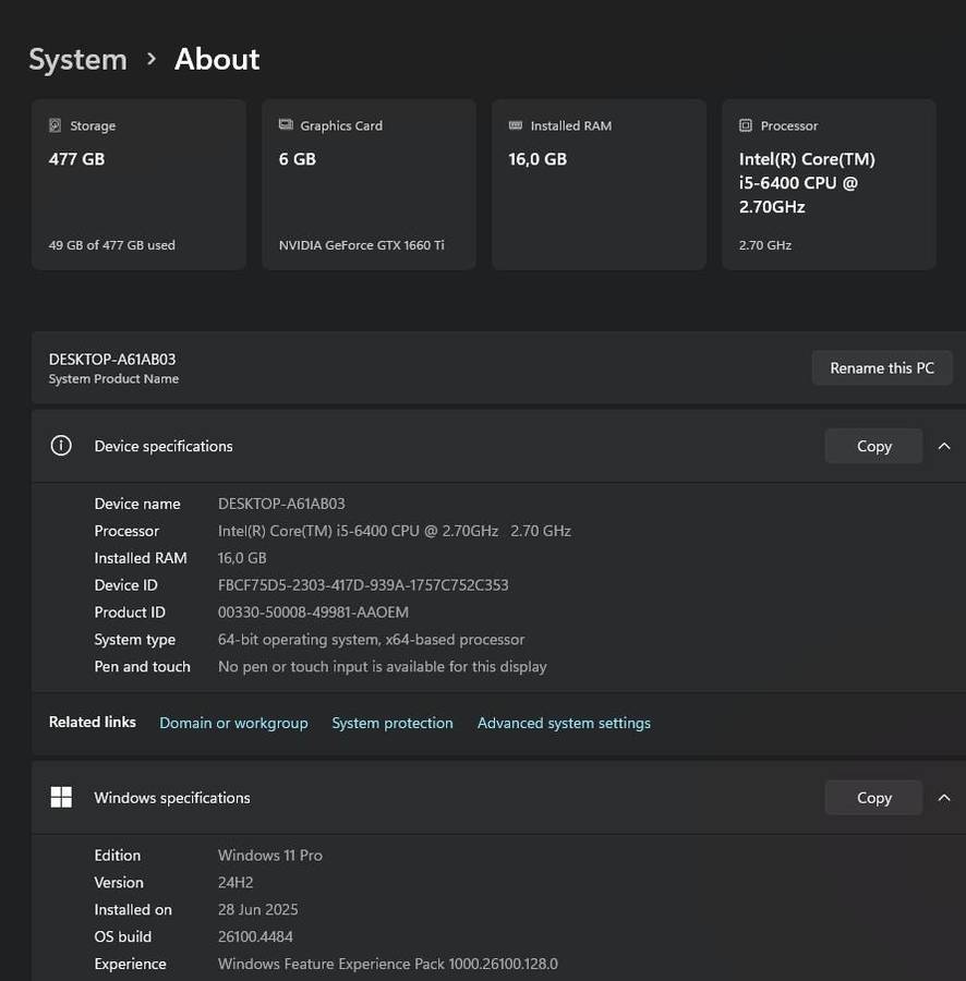 Gaming PC with ARGB, GTX1660 Ti 6Gb GPU, i5-6400 CPU, 16Gb RAM, 512Gb NvMe, Win 11 Pro