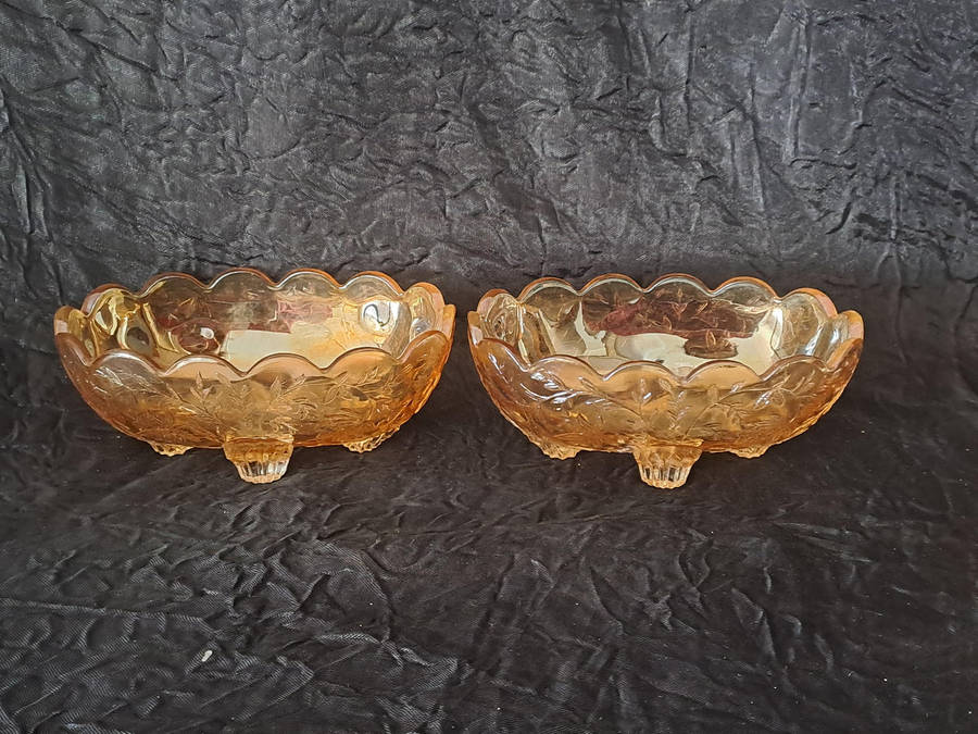 Pair of Jeanette Floragold Carnival glass sweet bowls