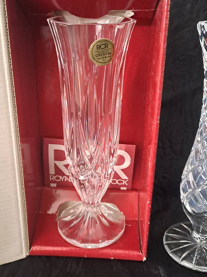 2 crystal bud vases, RCR and other