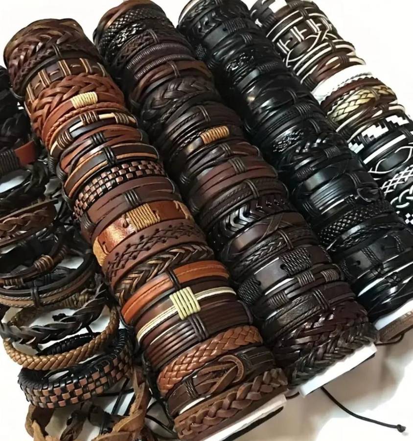 Ten-piece set of Men's and Women's PU Leather bracelets - Mixed Brown and Black Random