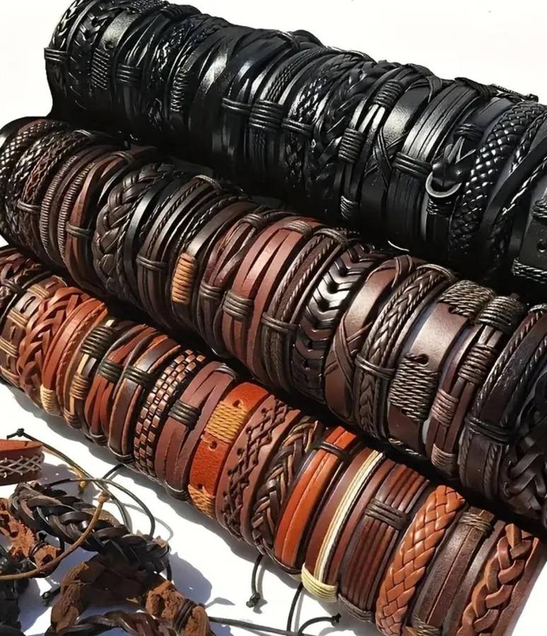Ten-piece set of Men's and Women's PU Leather bracelets - Mixed Brown and Black Random