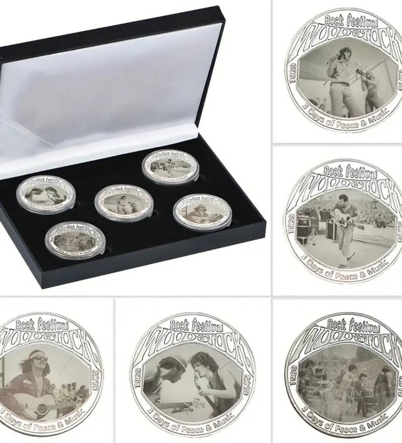 Set of 5 Woodstock Music Festival Commemorative Collectors Coins with Black Gift Box