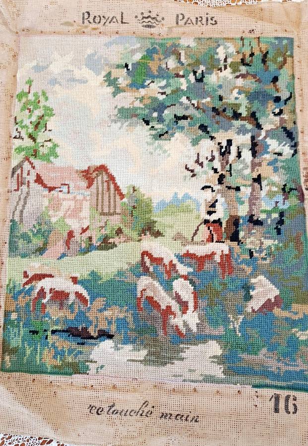Completed tapestry - pastoral scene - 37 x 45cm - removed from frame
