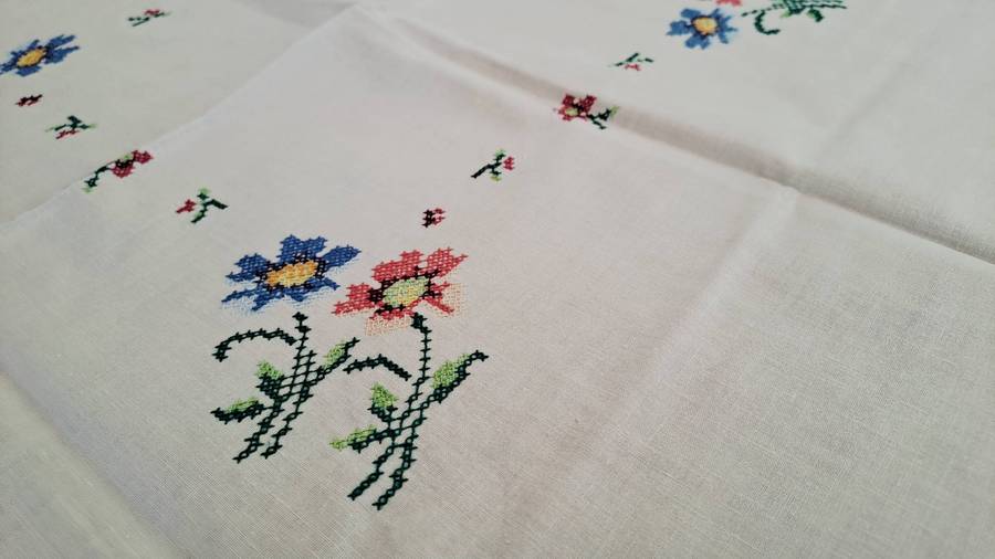 Small, cross stitch tablecloth - marks and repaired - 42 x 42 cm
