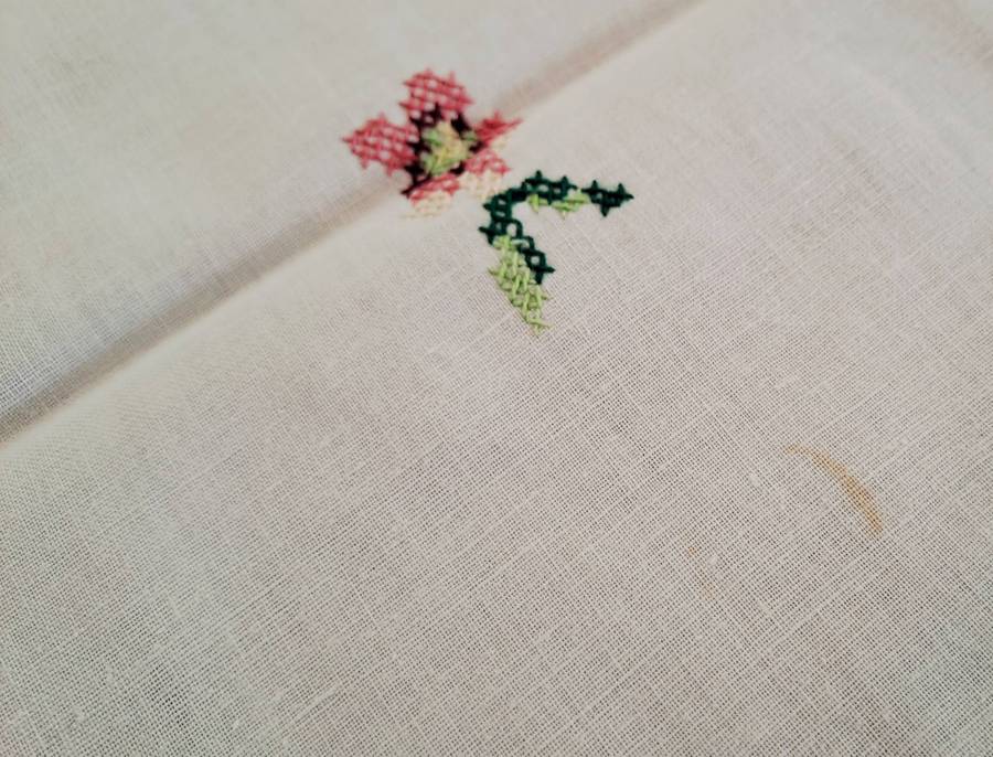 Small, cross stitch tablecloth - marks and repaired - 42 x 42 cm