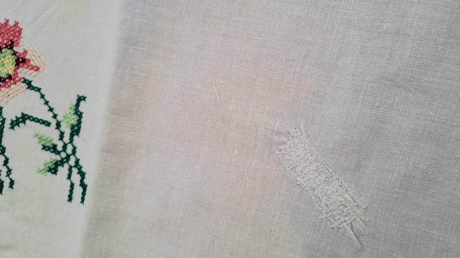 Small, cross stitch tablecloth - marks and repaired - 42 x 42 cm