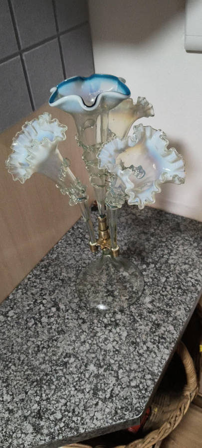 Victorian Epergne uranium and Blue glass Vase/ French Serving dish