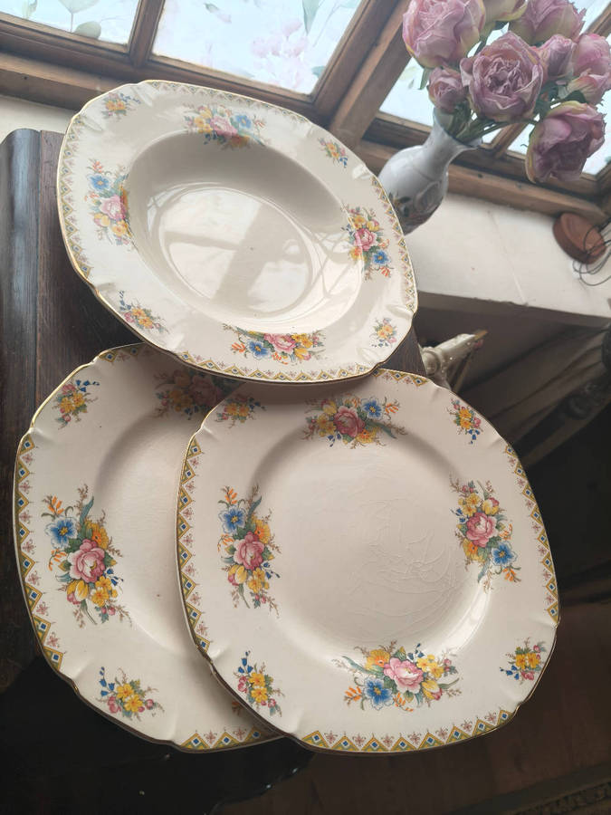 Vintage John Maddock & Sons Ivory Ware Floral Plates and Serving bowl  Made in England (Set of 3)