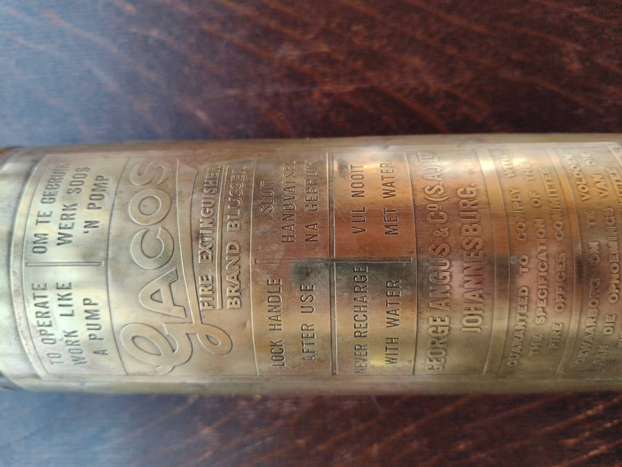 Vintage Brass GAGOS Fire Extinguisher  George Angus & Co. (S.A.) Ltd, Johannesburg