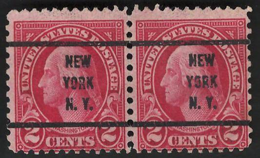 USA Scott 1926/34 (P11x10½) #634 2c (New York pre-cancel)(Pair)