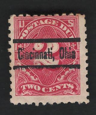 USA Scott 1916 Post Due (#J60) P10 UnWmk 2c Rose (Cincinnati pre-cancel)