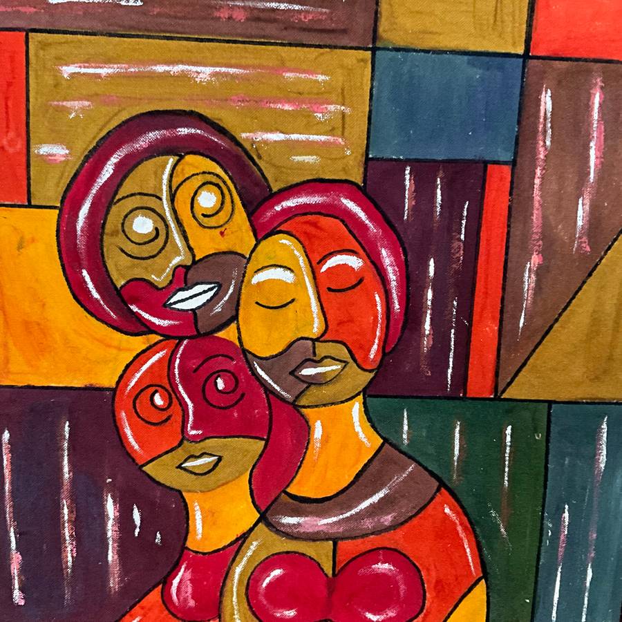 Colourful and bright painting on cloth of 3 people (family?) on abstract background