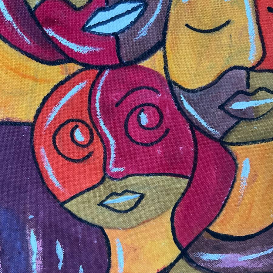 Colourful and bright painting on cloth of 3 people (family?) on abstract background