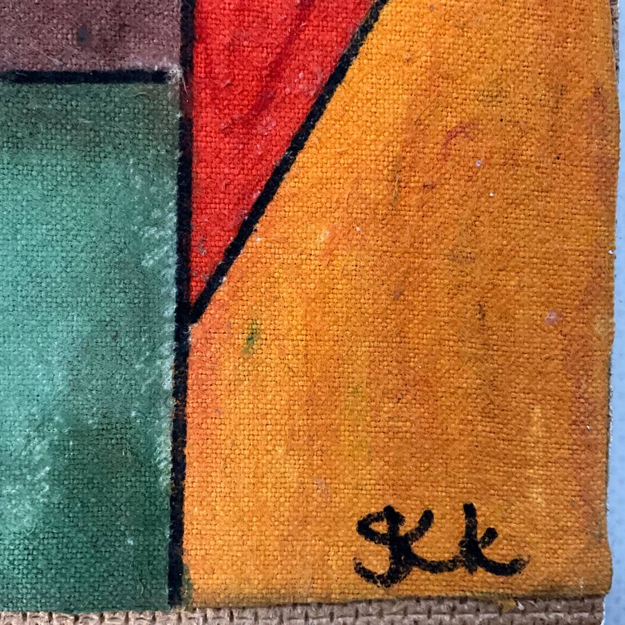 Colourful and bright painting on cloth of 3 people (family?) on abstract background