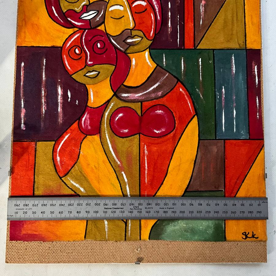 Colourful and bright painting on cloth of 3 people (family?) on abstract background