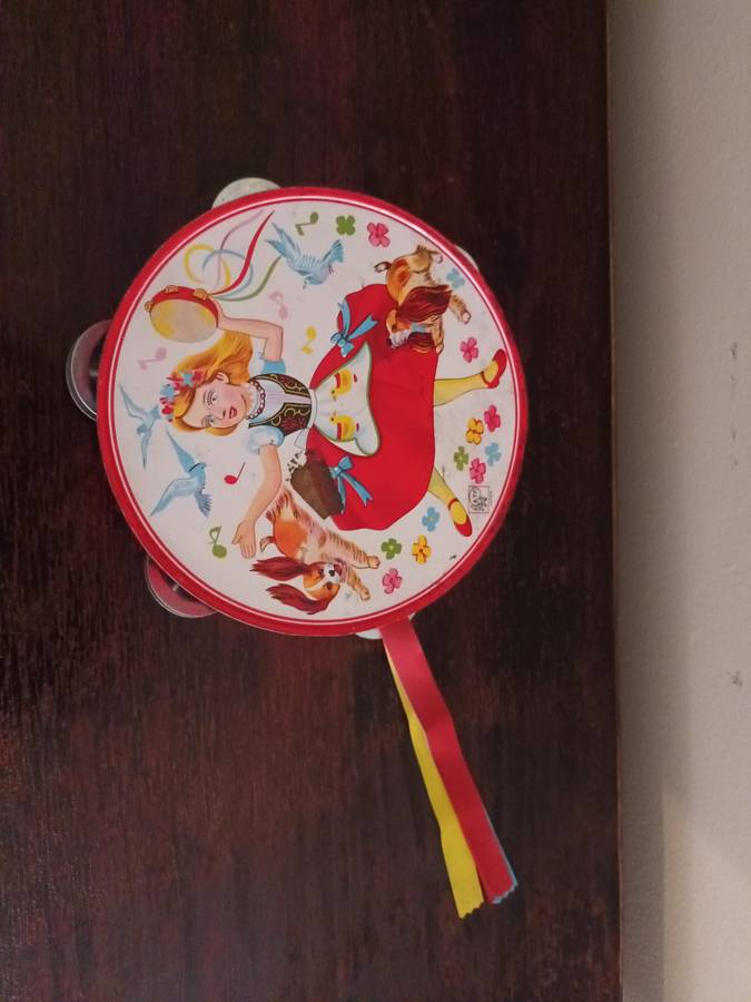 VINTAGE Tin Litho Enamel Tambourine Toy kitsch Nursery Decor Girl Flowers & Puppies
