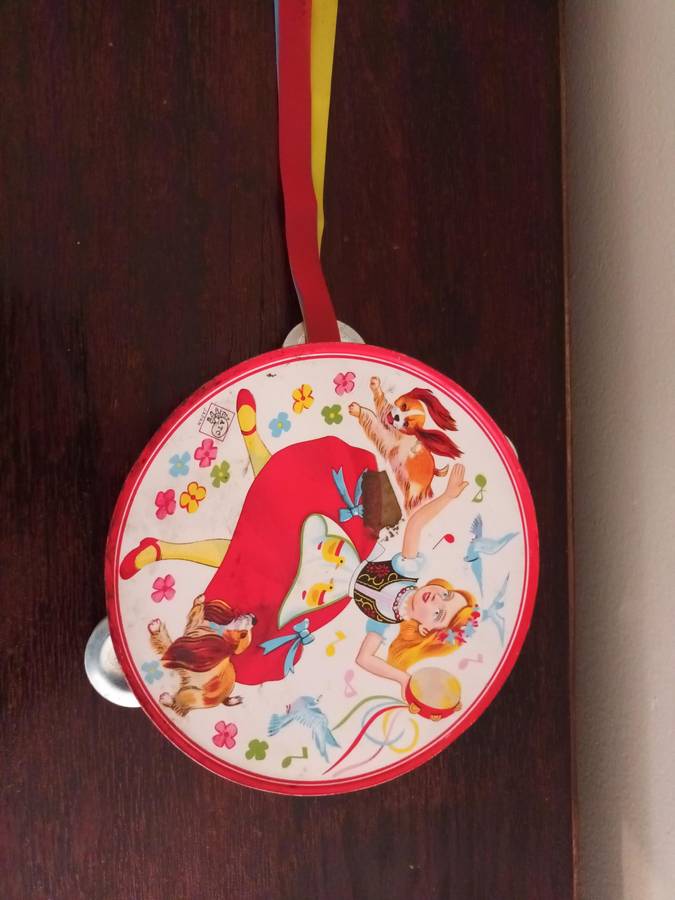 VINTAGE Tin Litho Enamel Tambourine Toy kitsch Nursery Decor Girl Flowers & Puppies