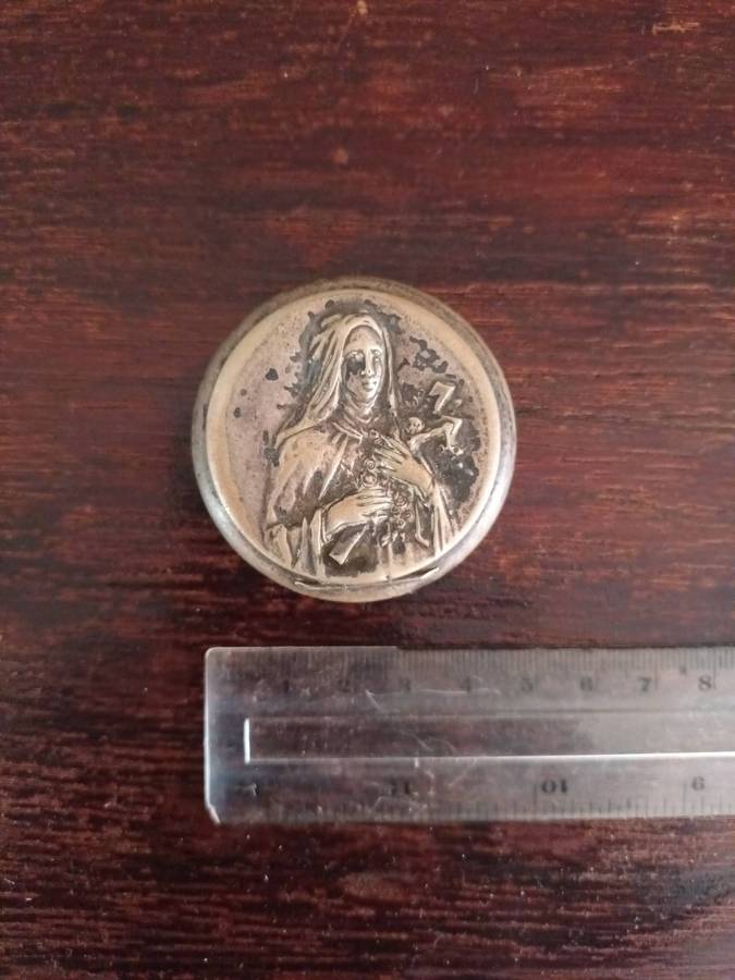 ANTIQUE ALPACCA Rosary Holder Box Depicting Tomb Of Saint Therese Of Lisieux