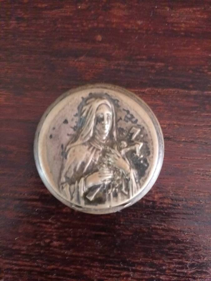 ANTIQUE ALPACCA Rosary Holder Box Depicting Tomb Of Saint Therese Of Lisieux