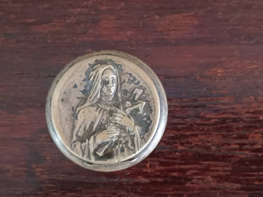 ANTIQUE ALPACCA Rosary Holder Box Depicting Tomb Of Saint Therese Of Lisieux