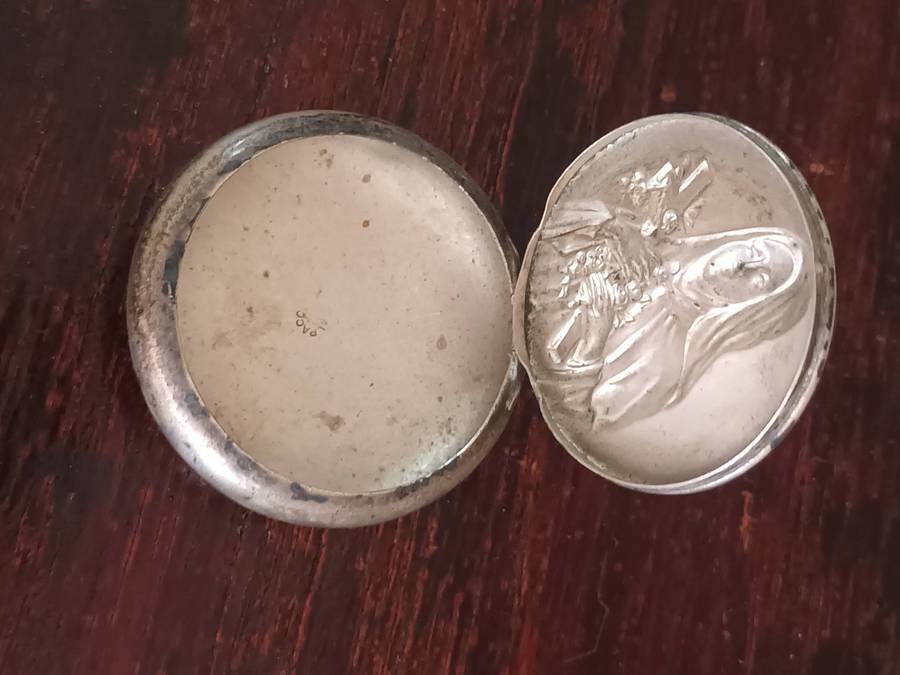 ANTIQUE ALPACCA Rosary Holder Box Depicting Tomb Of Saint Therese Of Lisieux