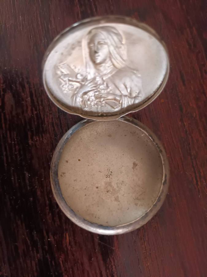 ANTIQUE ALPACCA Rosary Holder Box Depicting Tomb Of Saint Therese Of Lisieux