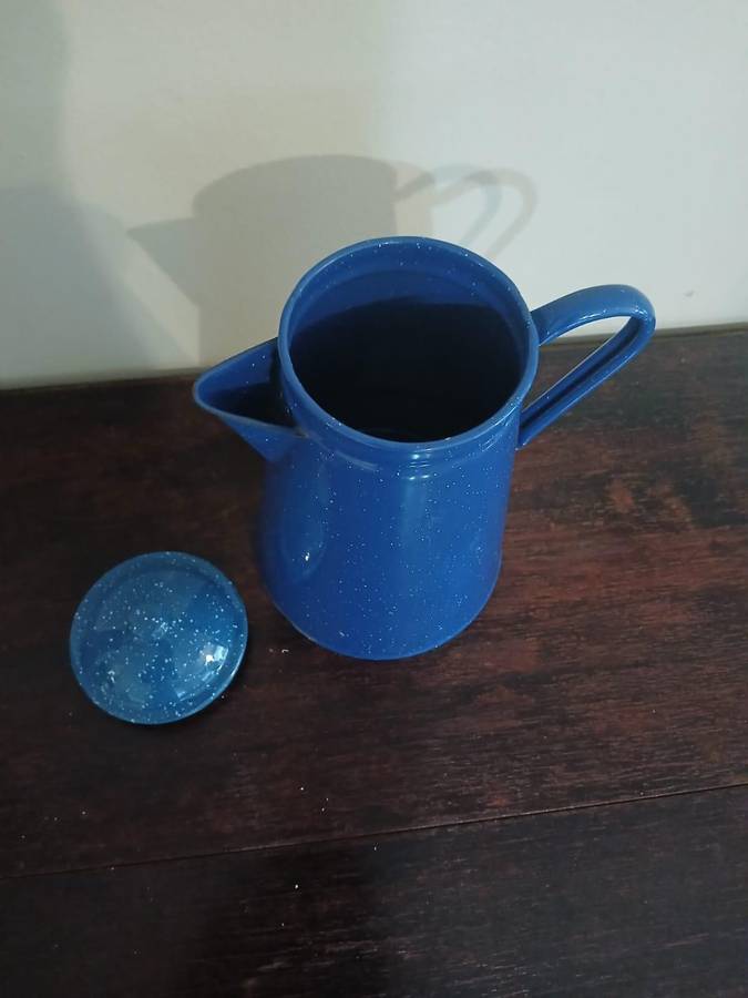 VINTAGE Blue Speckled Enamelware Coffee Pot Camping Farmhouse Home Decor