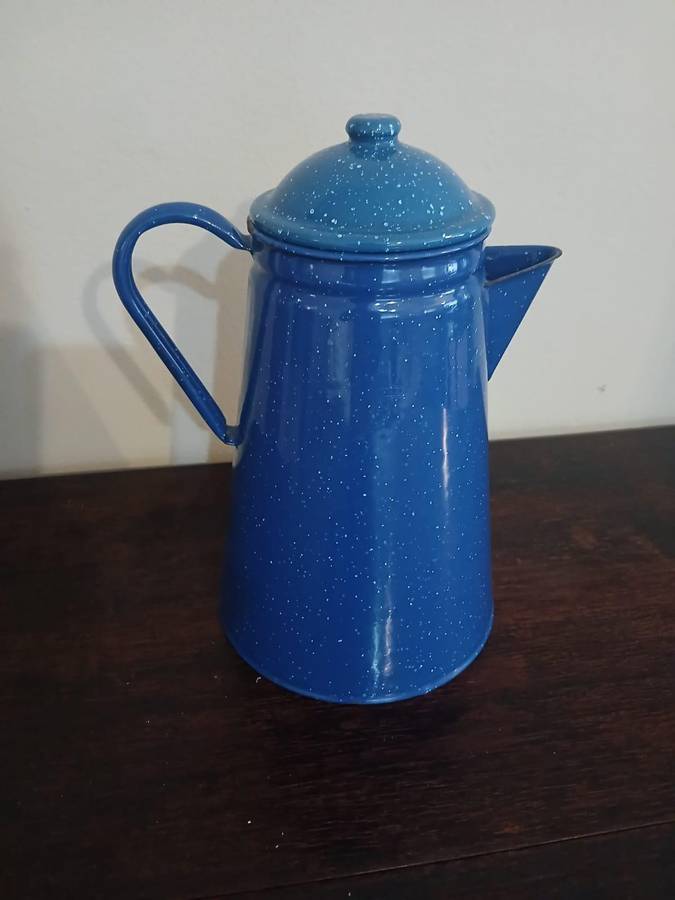 VINTAGE Blue Speckled Enamelware Coffee Pot Camping Farmhouse Home Decor