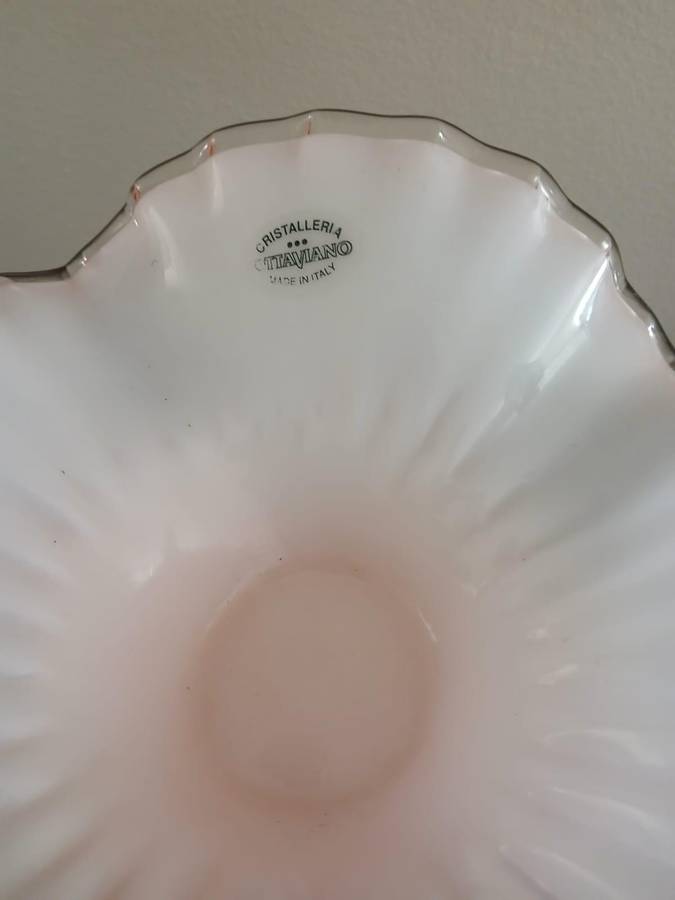 Cristalleria Ottaviano Glass Pink Ruffle Glass Centerpiece On A Silver Pedestal Made In Italy