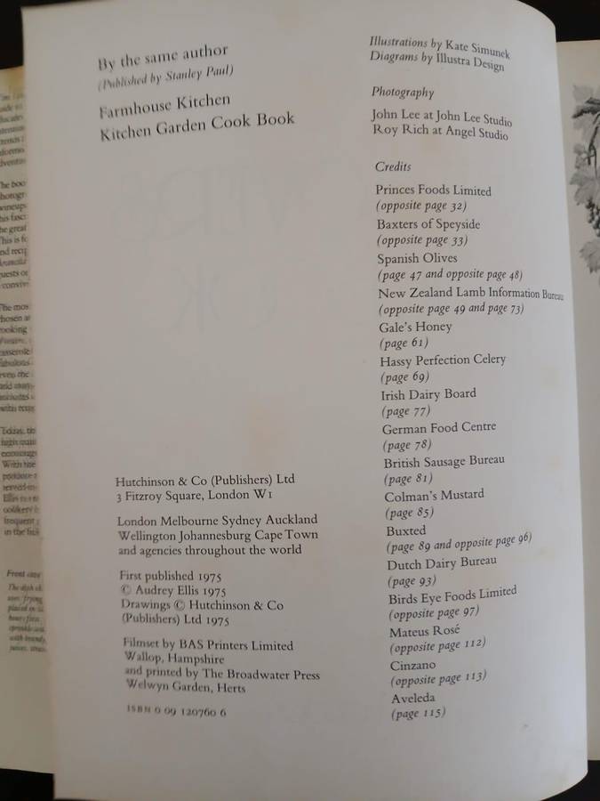 Wine Lovers Cookbook, Audrey Ellis Published by Hutchinson (London), 1975 First Edition