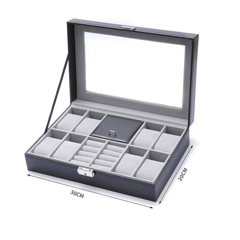 8 Slots PU Leather Jewelry Display Case With Lock & Glass Top - Black