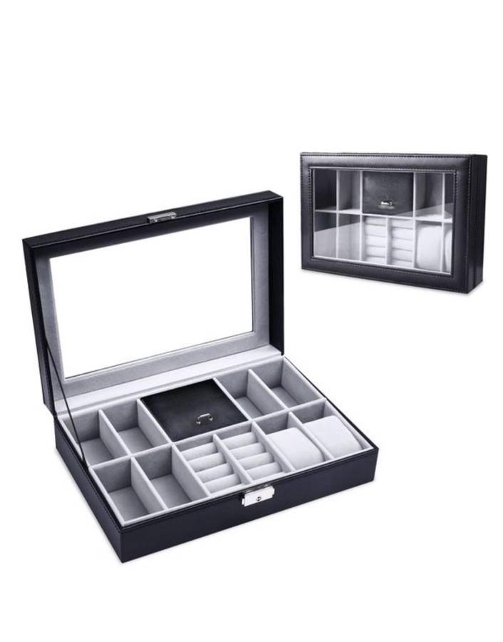 8 Slots PU Leather Jewelry Display Case With Lock & Glass Top - Black