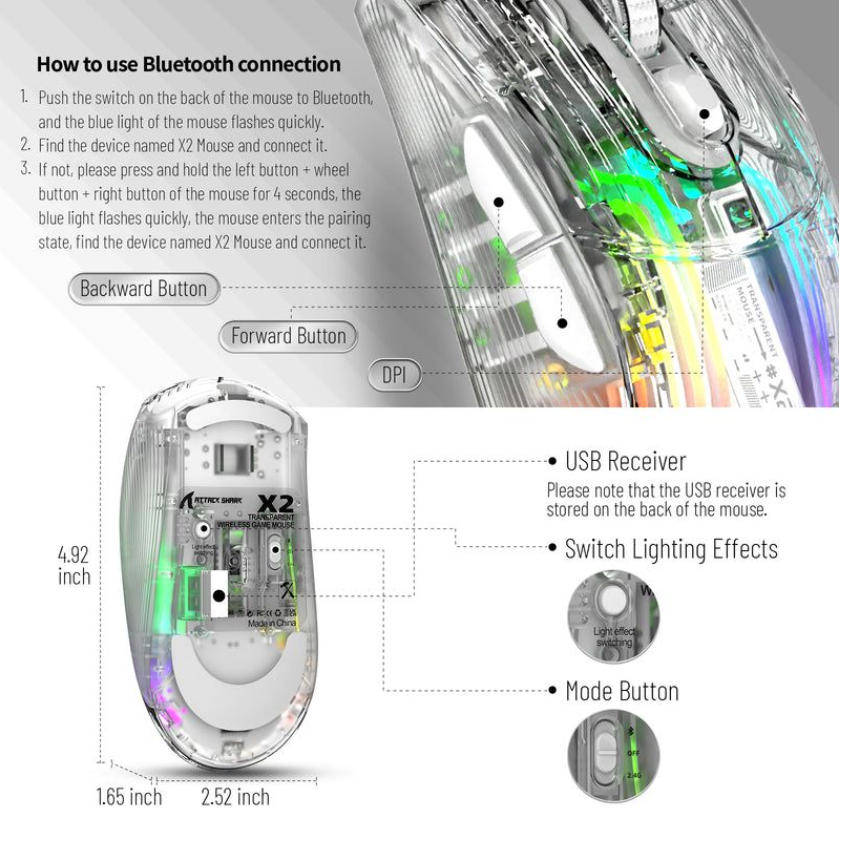 ATTACK SHARK X2 Slim Slient Mouse,Bluetooth Wireless mice with Transparent - Transparent White