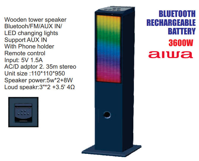 Aiwa Wooden Tower Speaker - LED Lights - Phone Holder - Remote Control