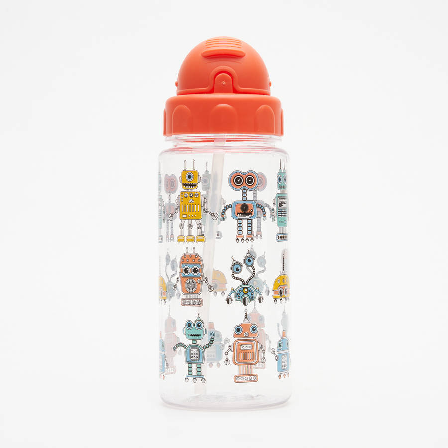 AquaKids 500ml Plastic Water Bottle with Straw - Red Robot